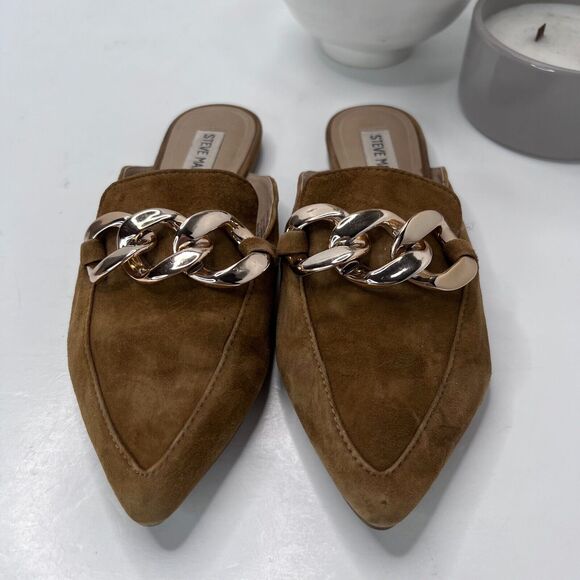 Steve Madden Finn Suede Chain Embellished Pointed Toe Mule Cognac Women's 6.5M - Picture 5 of 9